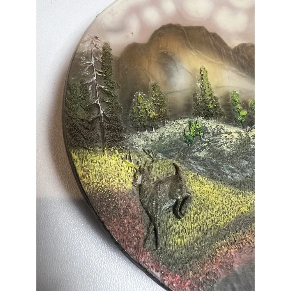 Vintage 3D Relief Deer Mountain Landscape Decorative Plate‎ Rustic Cabin Decor